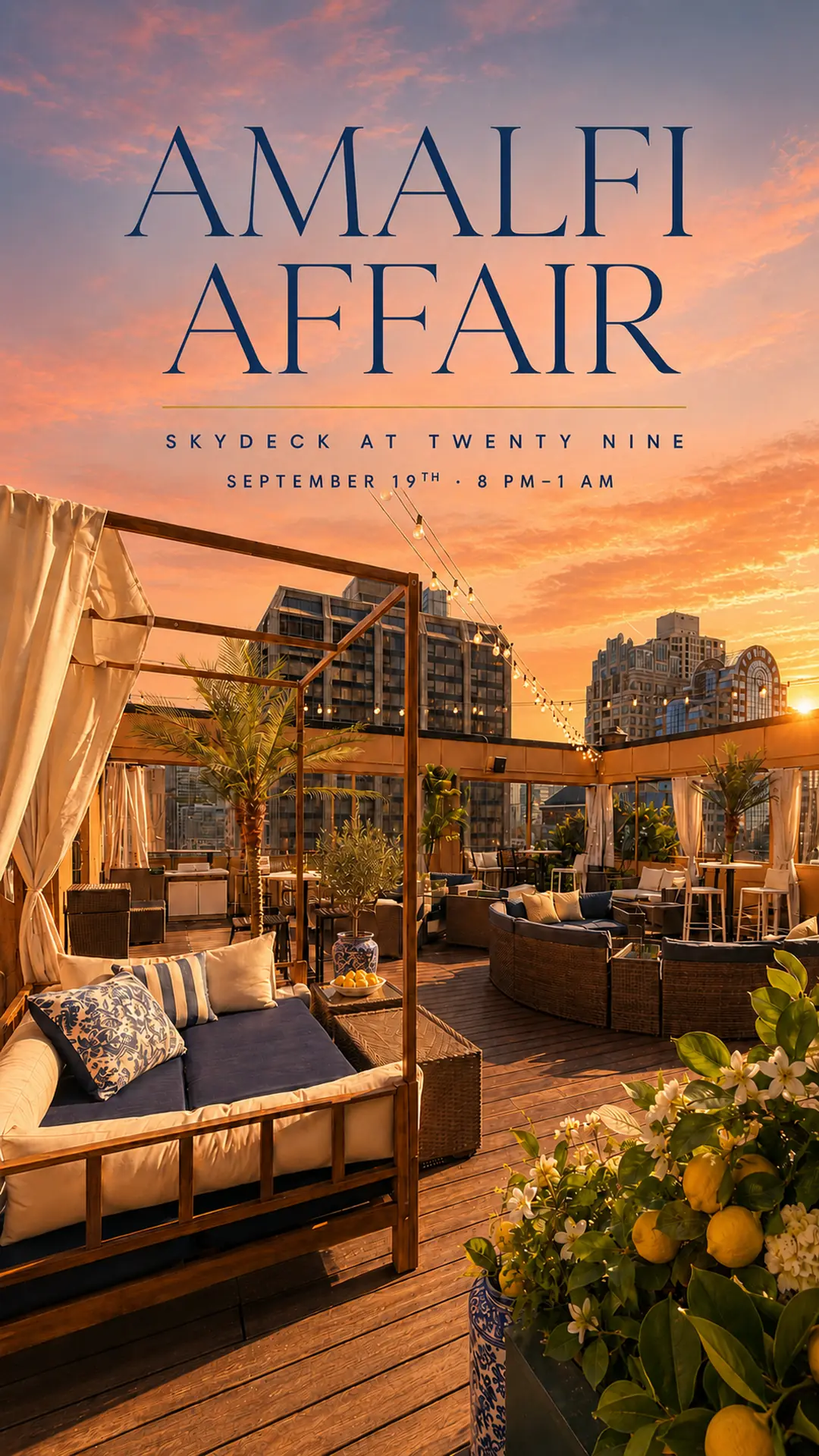 Amalfi Affair event flyer for September 19, 2026 at SkyDeck at Twenty Nine