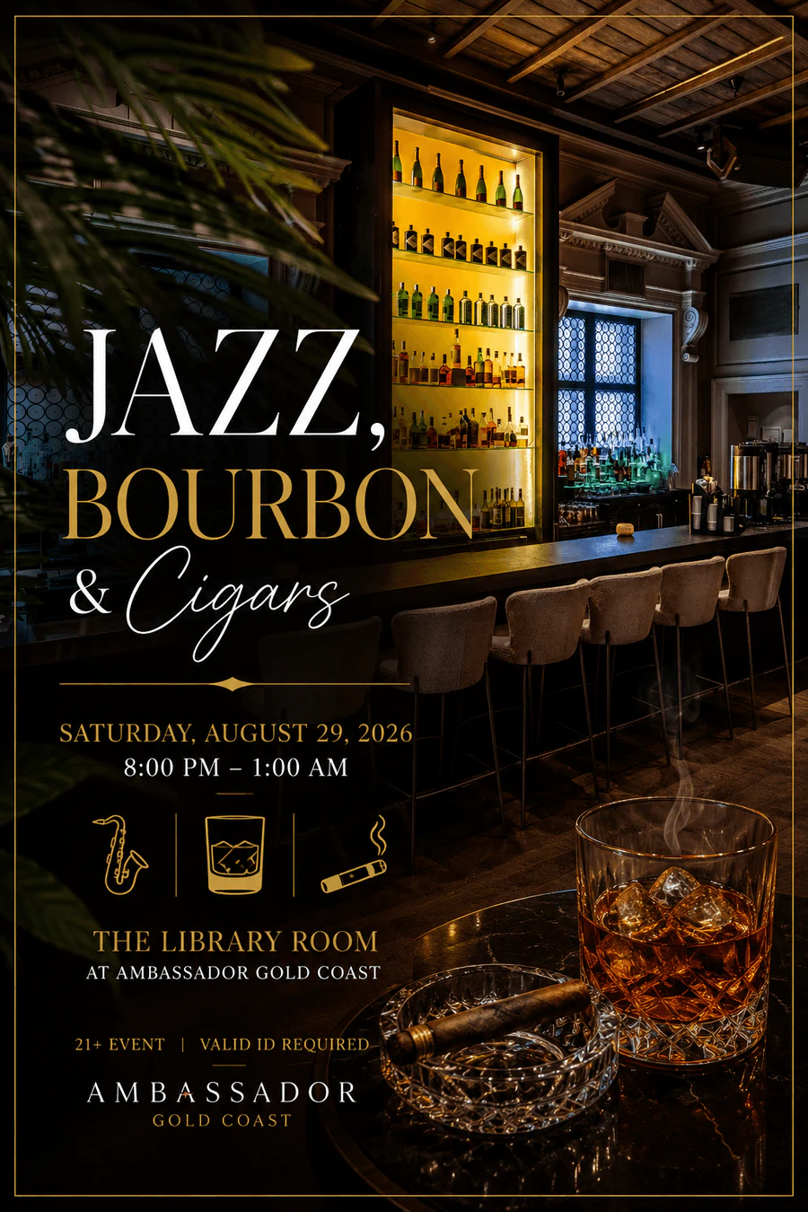 Jazz, Bourbon and Cigars event flyer