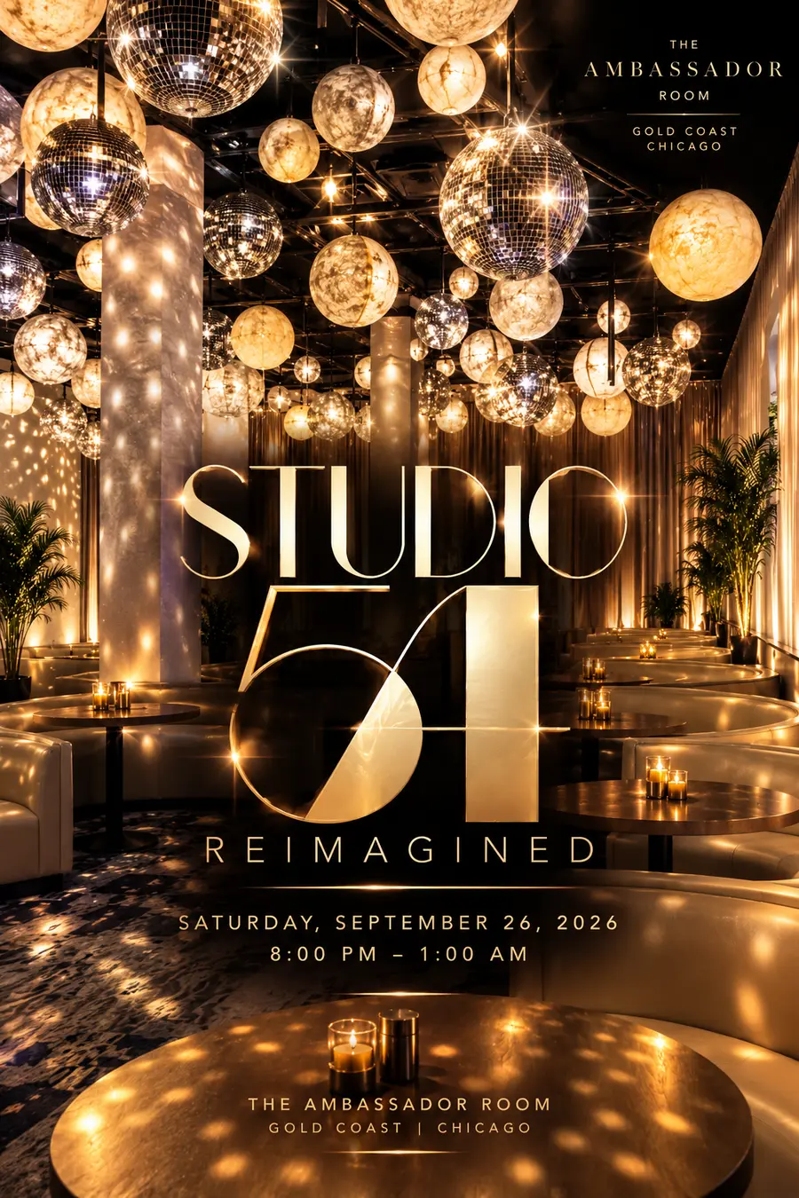 Studio 54 Reimagined event flyer for September 26, 2026 at the Ambassador Room