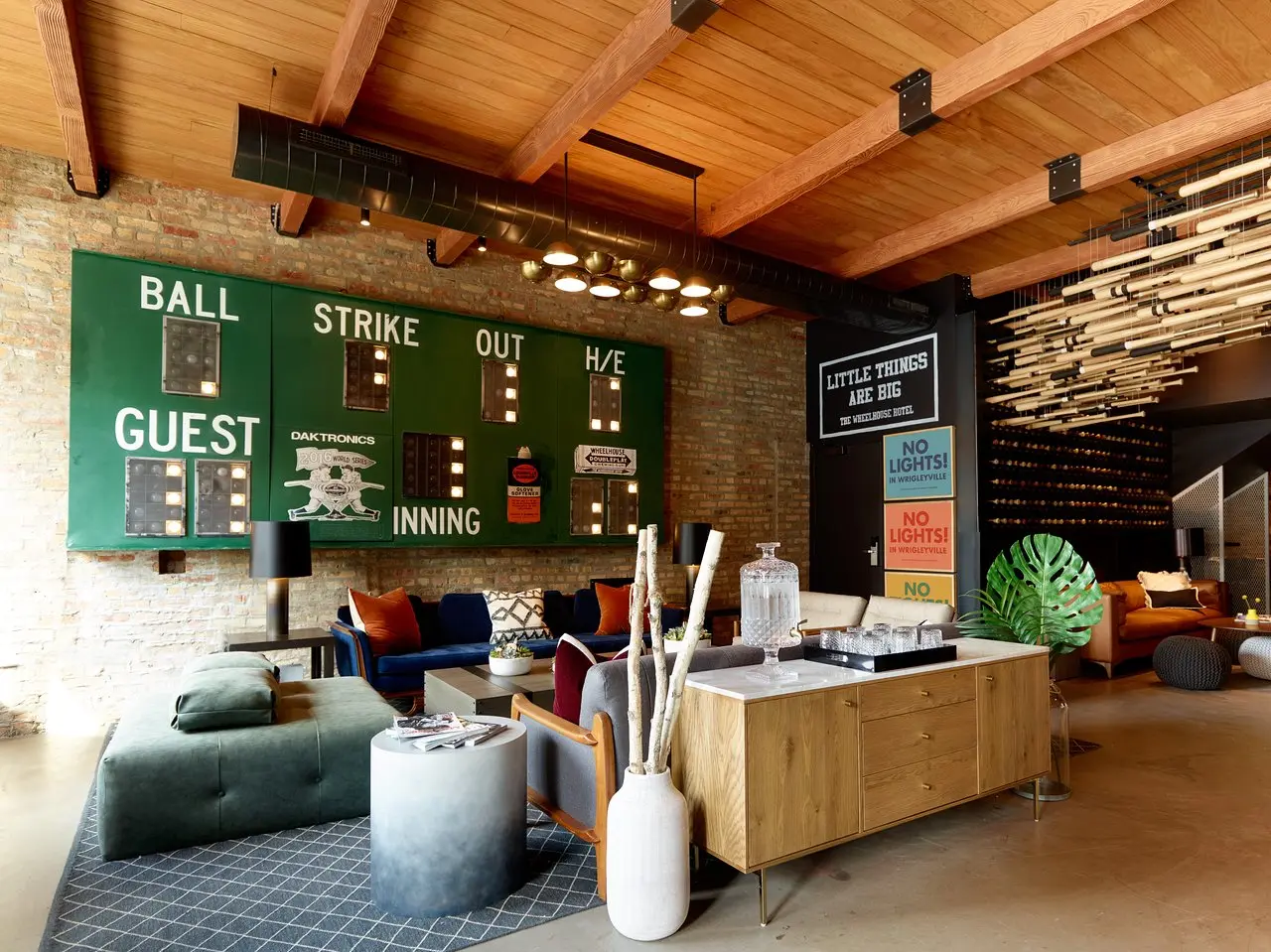 The Chicago Hotel Collection Wrigleyville lobby with baseball-themed décor