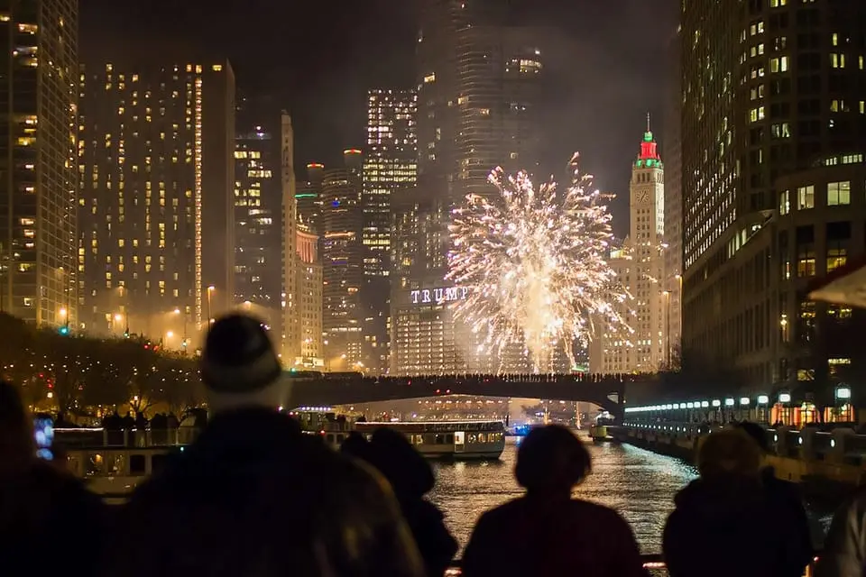 Fireworks illuminating downtown Chicago at night