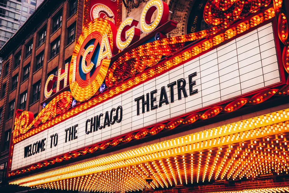 The illuminated Chicago Theatre marquee in downtown Chicago