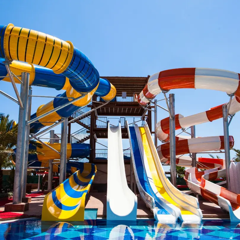 Colorful outdoor water park slides