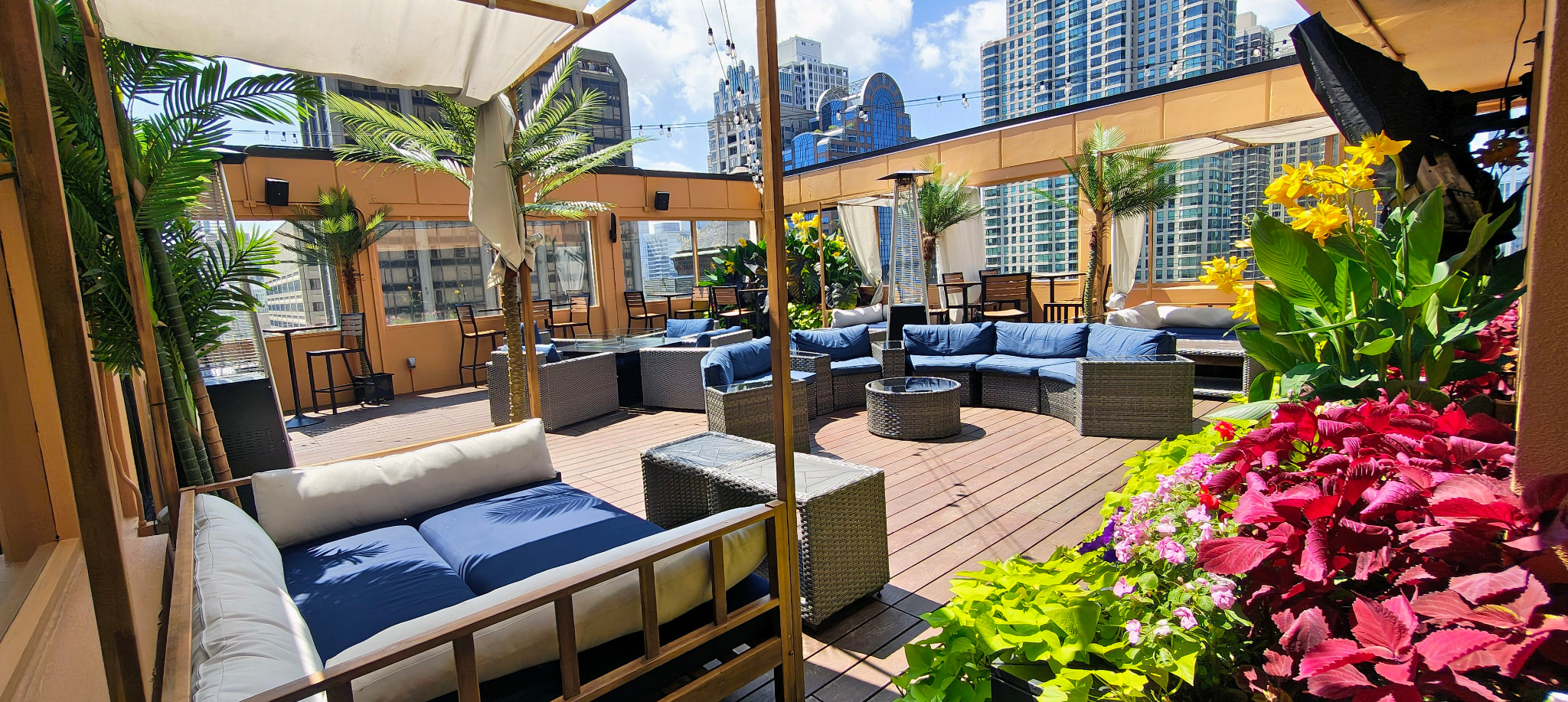 Outdoor seating and skyline views at SkyDeck on Twenty Nine